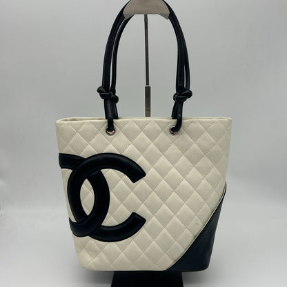 Chanel Cambon Line Tote Bag CC Logo Soft Calfskin White Black