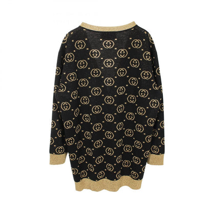 Gucci Cardigan Interlocking G All Over Pattern Black Gold Wool — view 2