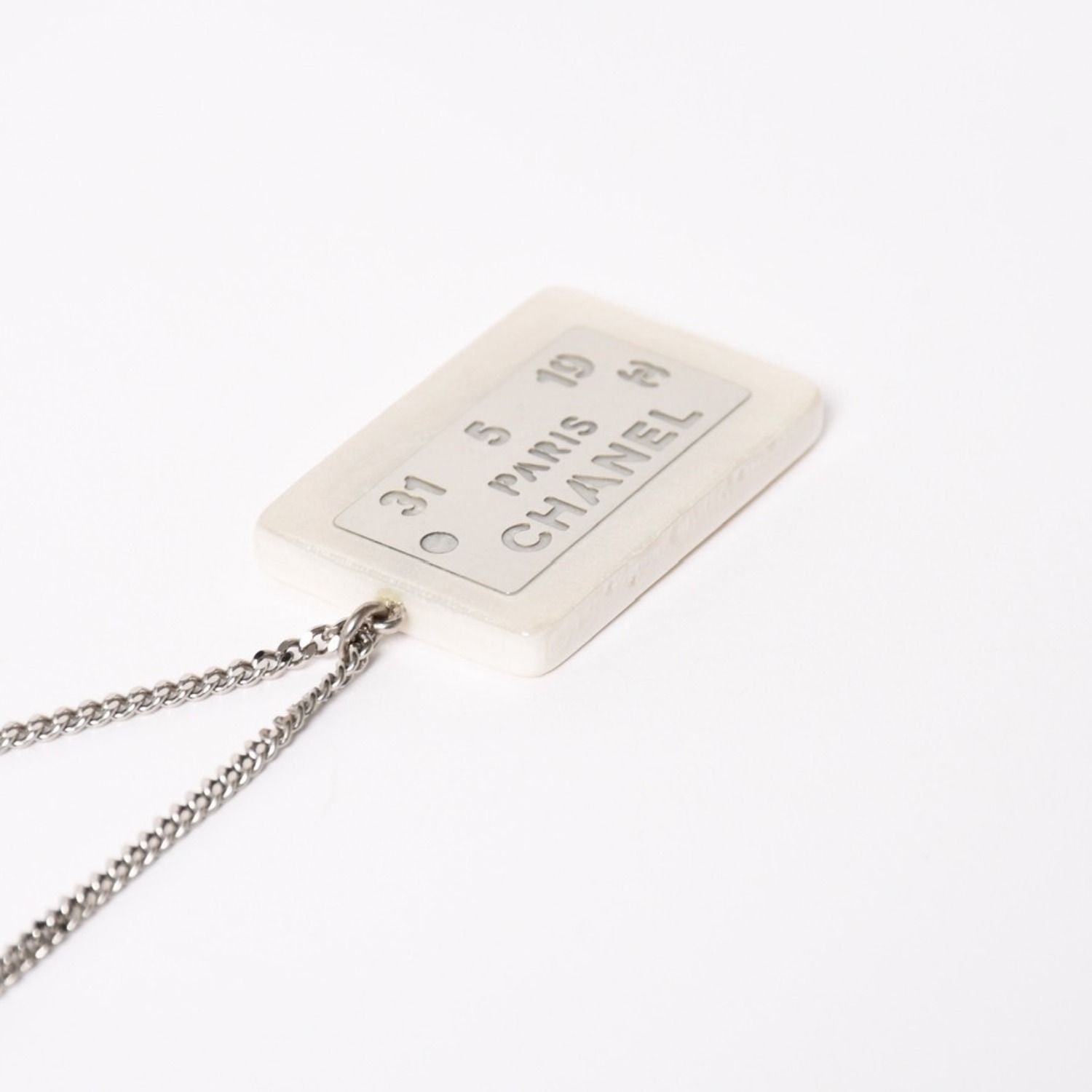 Chanel Plate Necklace White Silver Chain — view 6