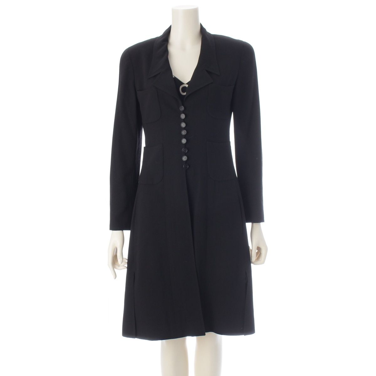 Chanel 97P Wool Silk CC Logo All Dress Set Long Coat Camisole Top Black White 36
