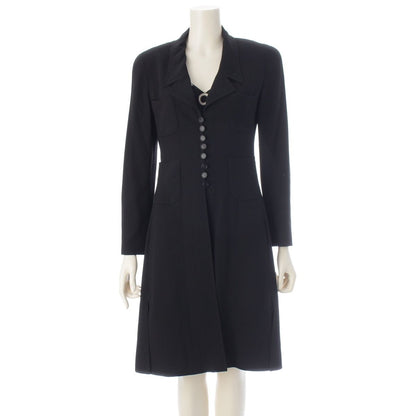 Chanel 97P Wool Silk CC Logo All Dress Set Long Coat Camisole Top Black White 36