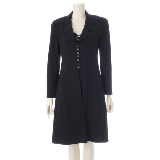 Chanel 97P Wool Silk CC Logo All Dress Set Long Coat Camisole Top Black White 36