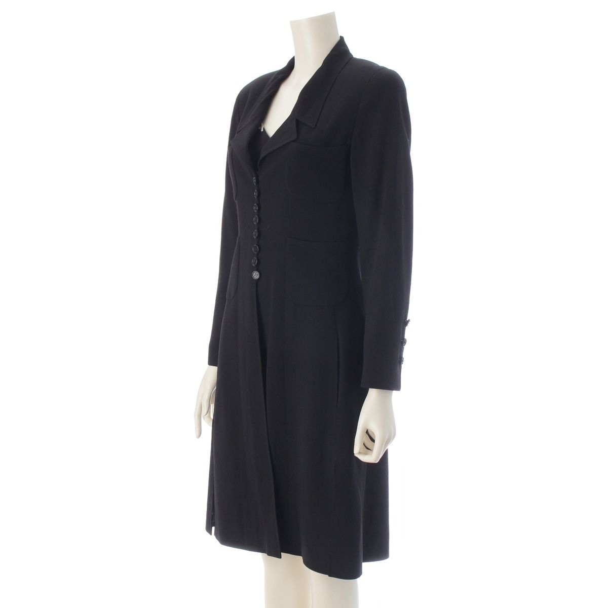 Chanel 97P Wool Silk CC Logo All Dress Set Long Coat Camisole Top Black White 36 — view 2