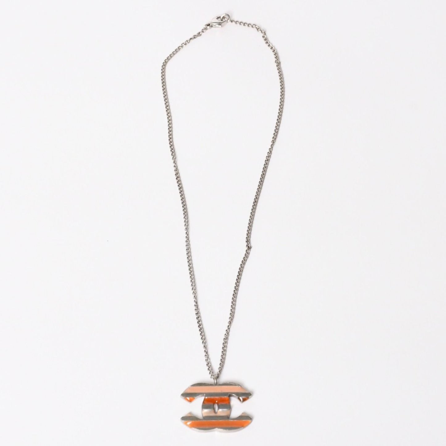 Chanel Necklace CC Logo Border Orange Pink Silver 05