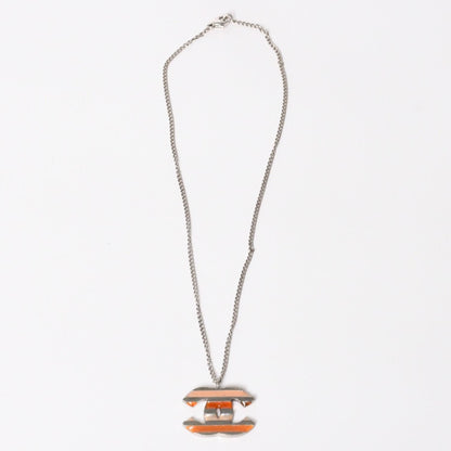Chanel Necklace CC Logo Border Orange Pink Silver 05