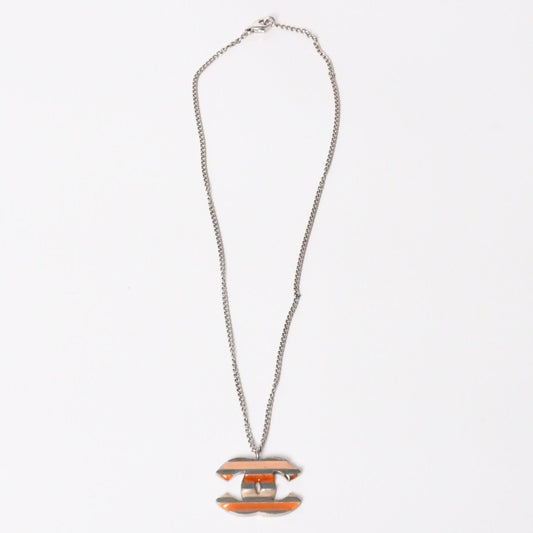 Chanel Necklace CC Logo Border Orange Pink Silver 05