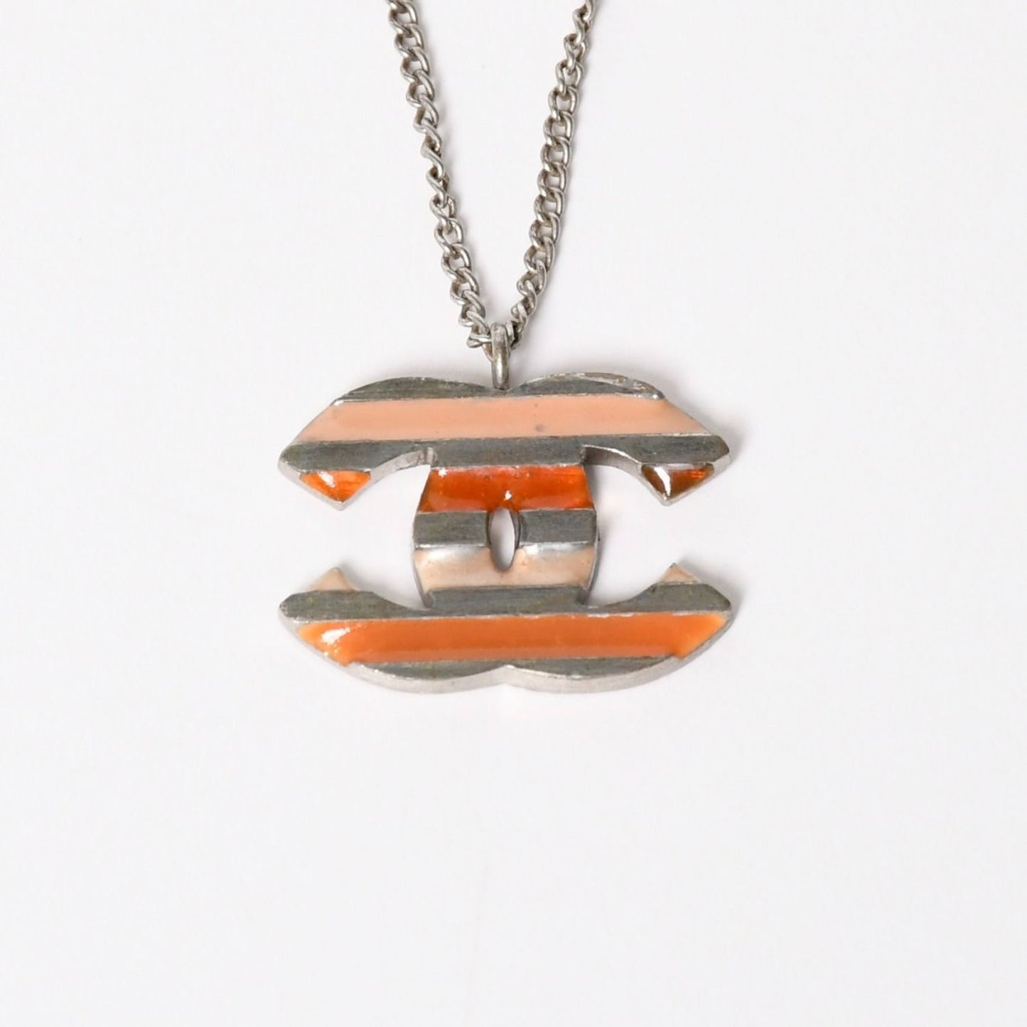 Chanel Necklace CC Logo Border Orange Pink Silver 05 — view 2