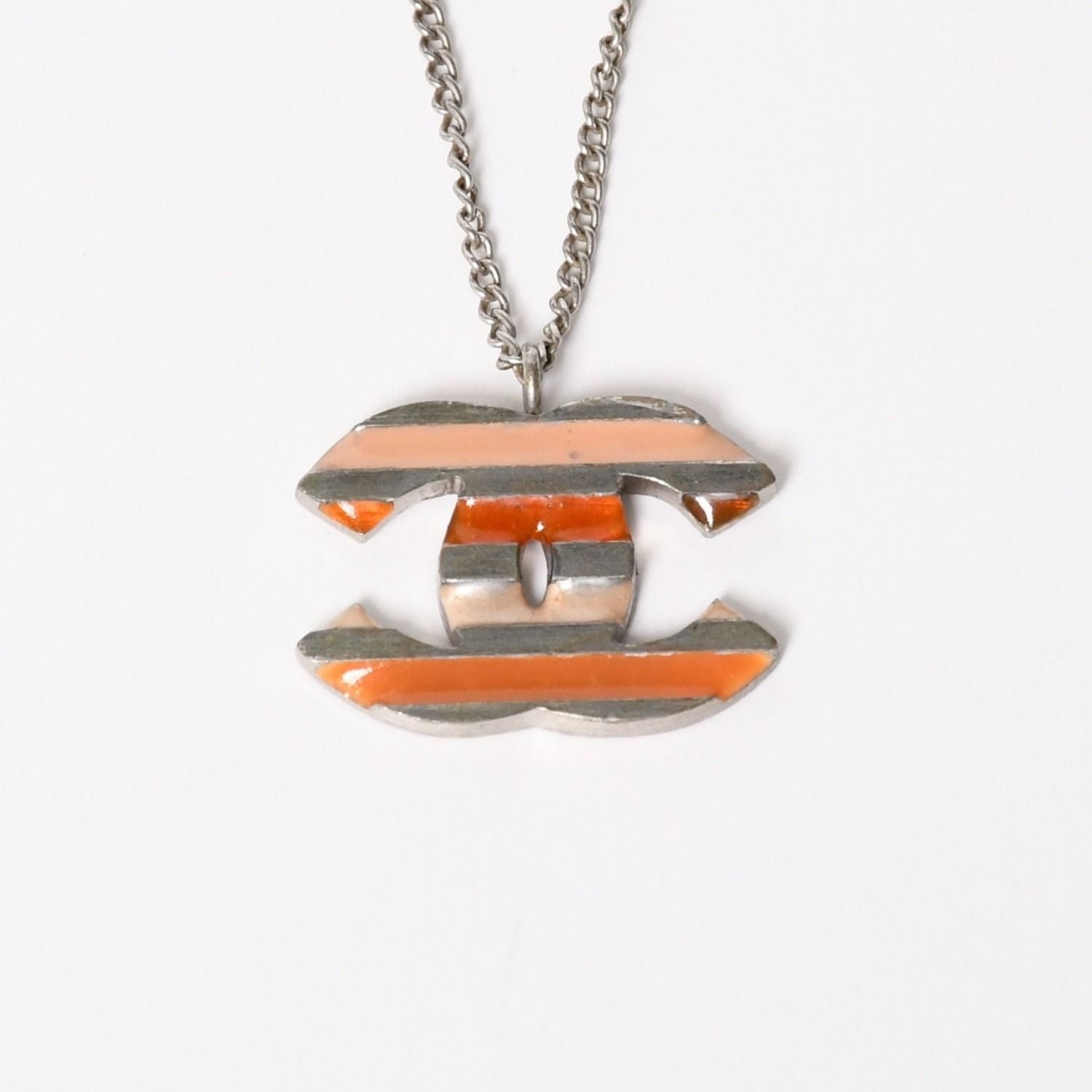 Chanel Necklace CC Logo Border Orange Pink Silver 05 — view 2