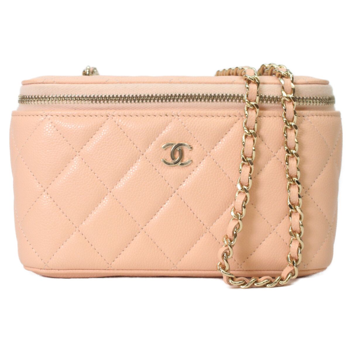 Chanel Pink Beige Caviar Gold Chain Vanity Bag