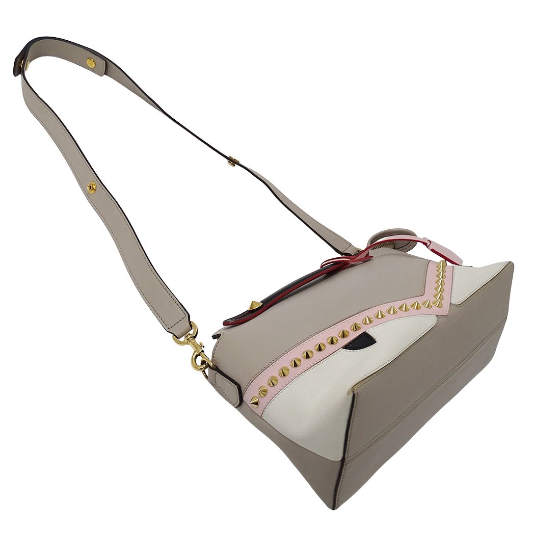Fendi 2-Way Shoulder Bag Leather Visible Bugs Eye Gray Beige Studs — view 4