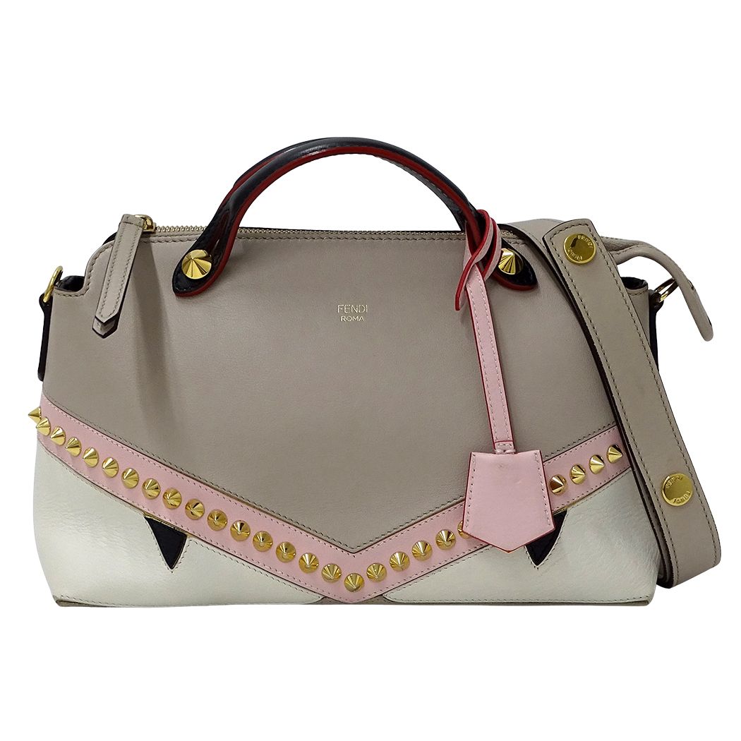 Fendi 2-Way Shoulder Bag Leather Visible Bugs Eye Gray Beige Studs