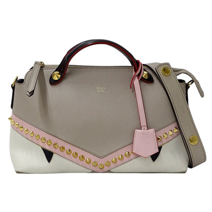 Fendi 2-Way Shoulder Bag Leather Visible Bugs Eye Gray Beige Studs