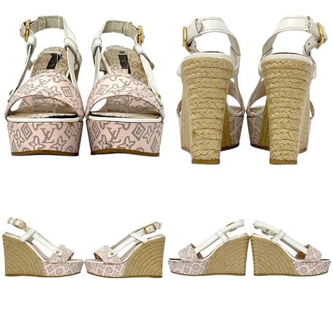 Louis Vuitton Wedge Sole Sandals Pink White Monogram Canvas 34 — view 2
