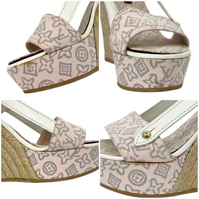 Louis Vuitton Wedge Sole Sandals Pink White Monogram Canvas 34 — view 4