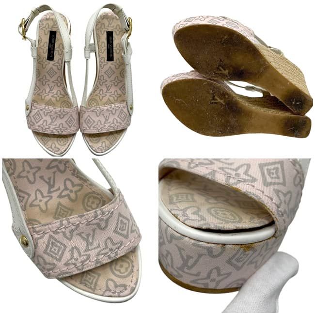 Louis Vuitton Wedge Sole Sandals Pink White Monogram Canvas 34 — view 3