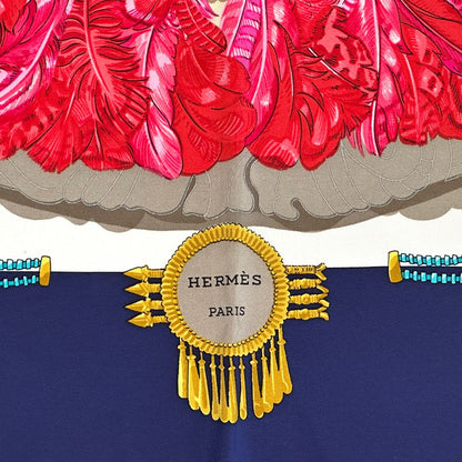 Hermes Scarf Carre 90 Mexique Mexico Silk Navy Multicolor Feather — view 3