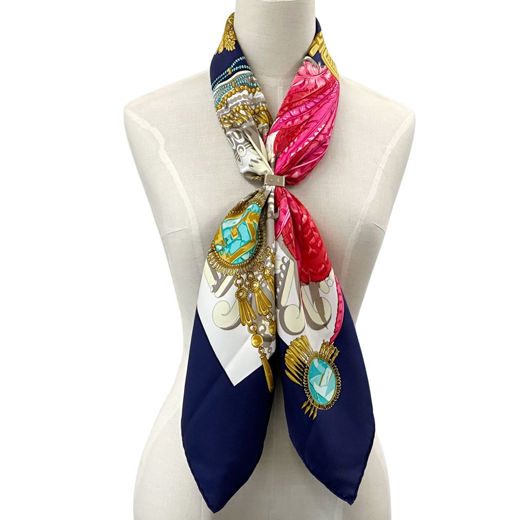 Hermes Scarf Carre 90 Mexique Mexico Silk Navy Multicolor Feather — view 6