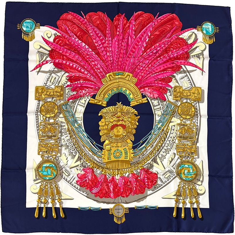 Hermes Scarf Carre 90 Mexique Mexico Silk Navy Multicolor Feather