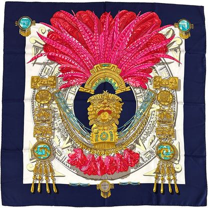 Hermes Scarf Carre 90 Mexique Mexico Silk Navy Multicolor Feather