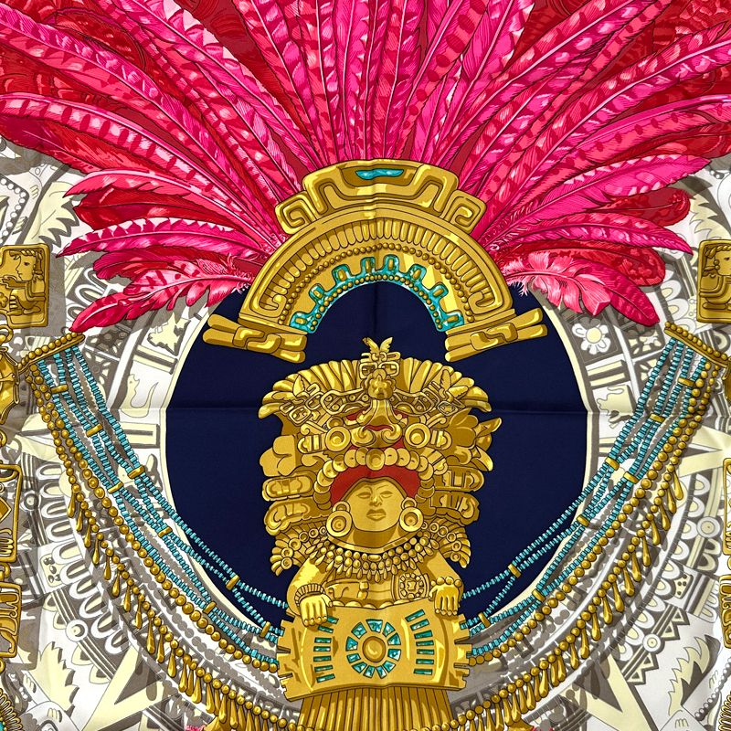 Hermes Scarf Carre 90 Mexique Mexico Silk Navy Multicolor Feather — view 2