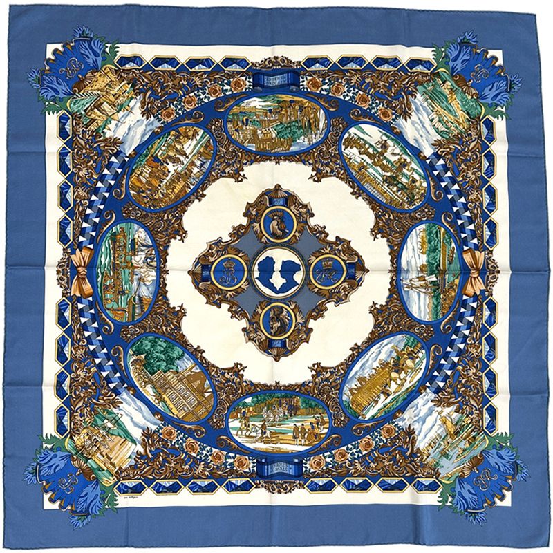 Hermes Scarf Carre 90 L'entente Cordiale Franco British Alliance Silk Blue