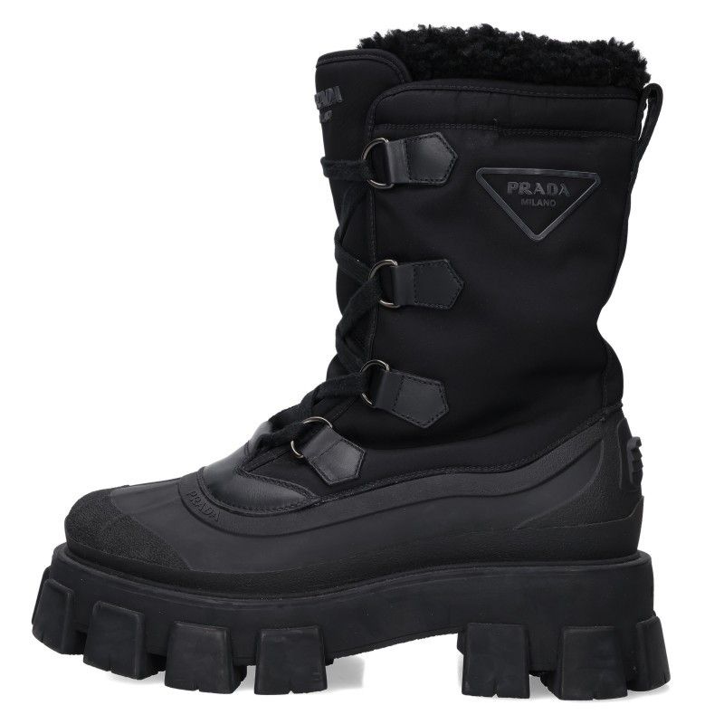 Prada Monolith Shearing Boots Re-Nylon Fleece High Cut Leather 7.5
