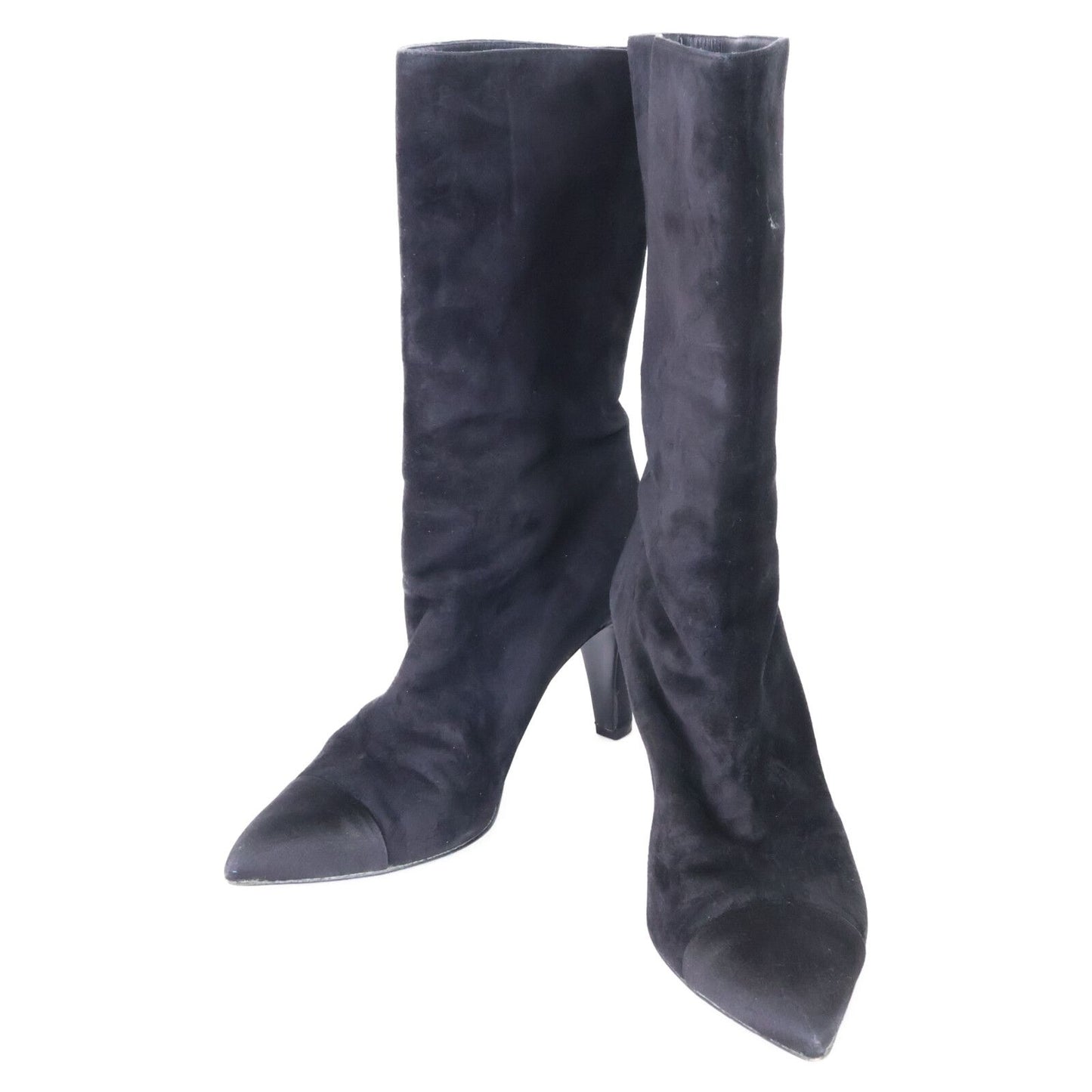 Chanel Gabrielle CC Logo Embroidery Suede Satin Pointed Toe Boots 40.5C