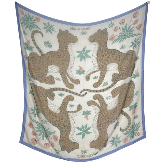Hermes Carre 140 Les Leopard Shawl Large Scarf Silk White Brown Multicolor