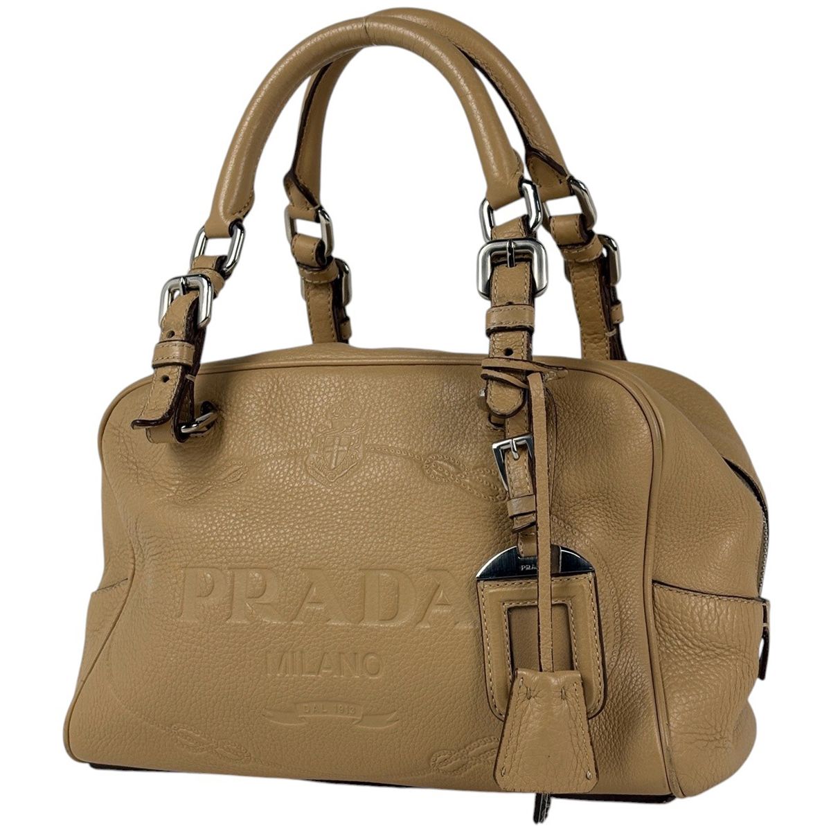 Prada Logo Handbag Leather Beige