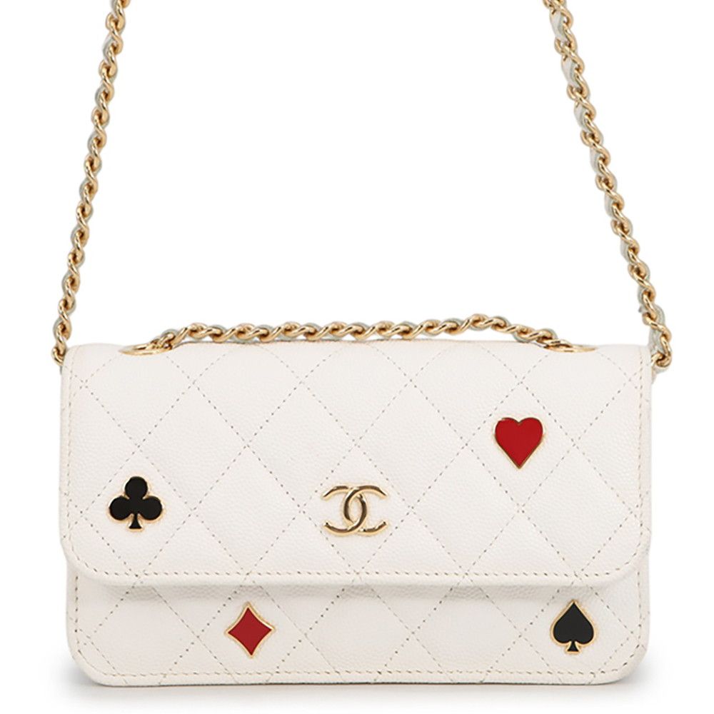Chanel Chain Wallet Cruise Line Quilted CC Logo Caviar Leather White Shoulder