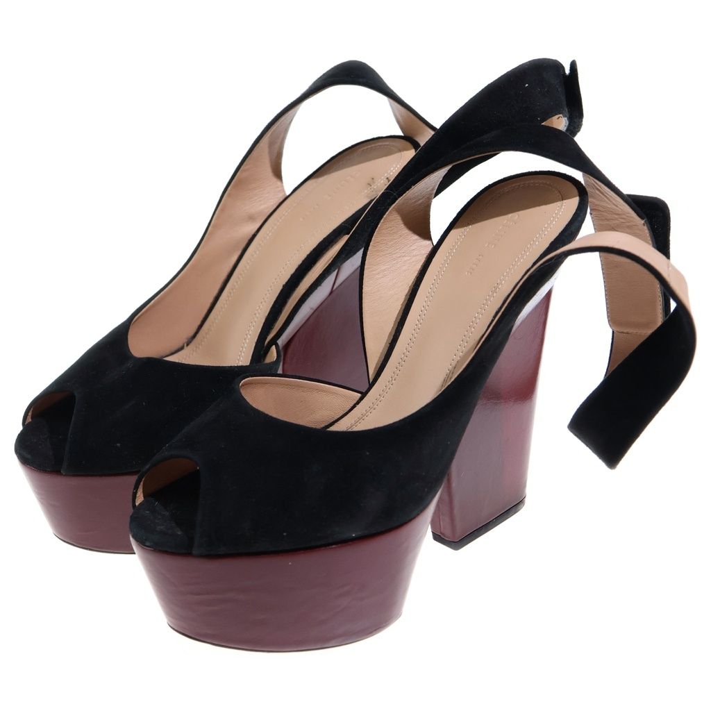Celine Ankle Strap Peep Toes Sandals Velvet Leather High Heels Black — view 2