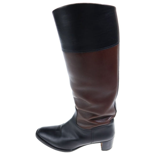 Hermes Bicolor Leather Long Boots Heels Black Brown