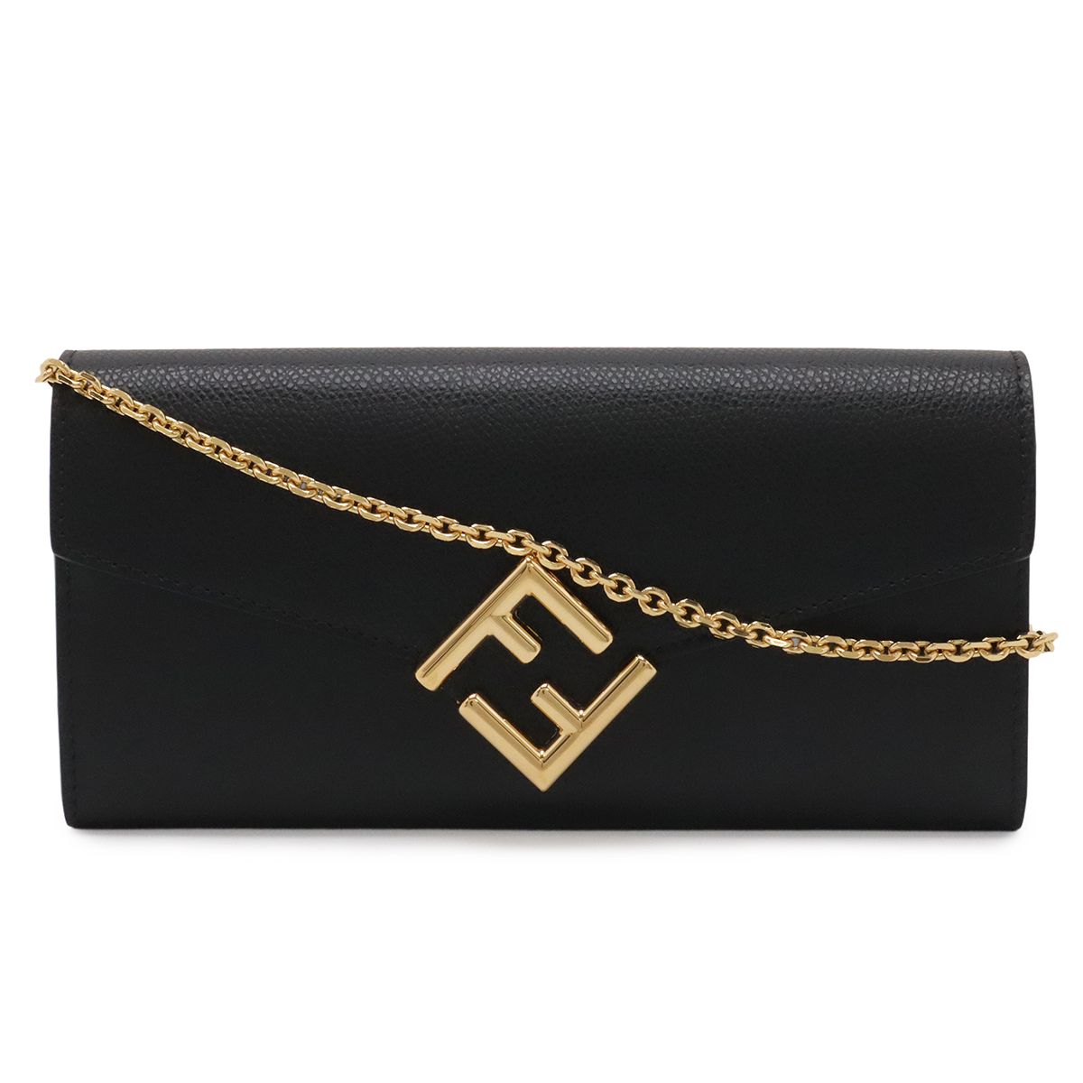 Fendi FF Diamond Chain Wallet Clutch 2-Way Pochette Leather Black Gold