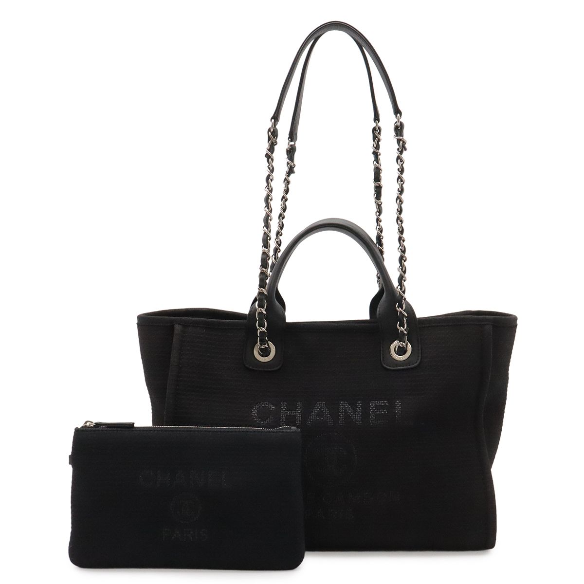 Chanel Deauville Line Small Shopping Tote 2-Way Chain Shoulder Bag Canvas Black