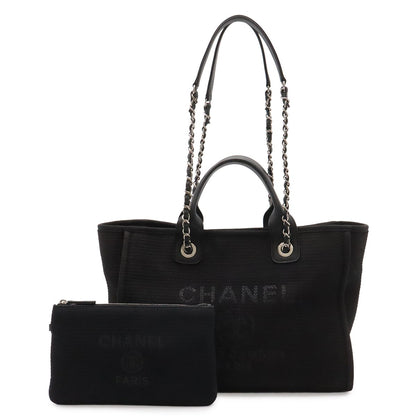 Chanel Deauville Line Small Shopping Tote 2-Way Chain Shoulder Bag Canvas Black
