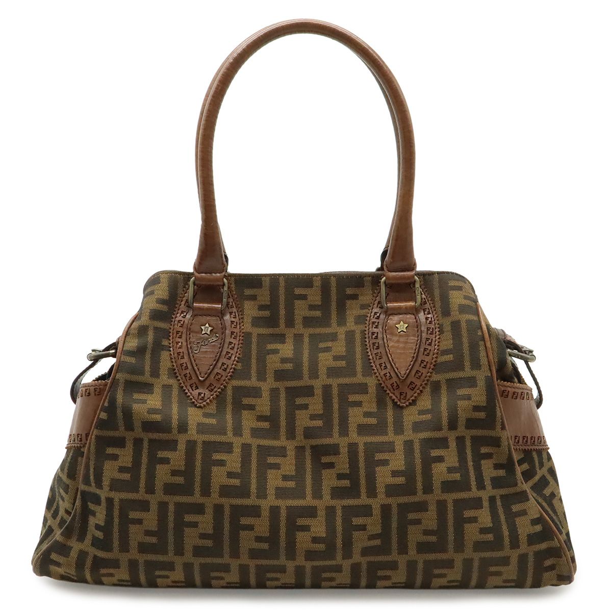 Fendi Zucca Etnico Tote Shoulder Bag Nylon Jacquard Leather Khaki Brown