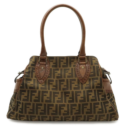 Fendi Zucca Etnico Tote Shoulder Bag Nylon Jacquard Leather Khaki Brown