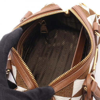 Prada Handbag Triangolo Jacqu 2-Way Brown White Canvas Leather Symbol Embroidery — view 3