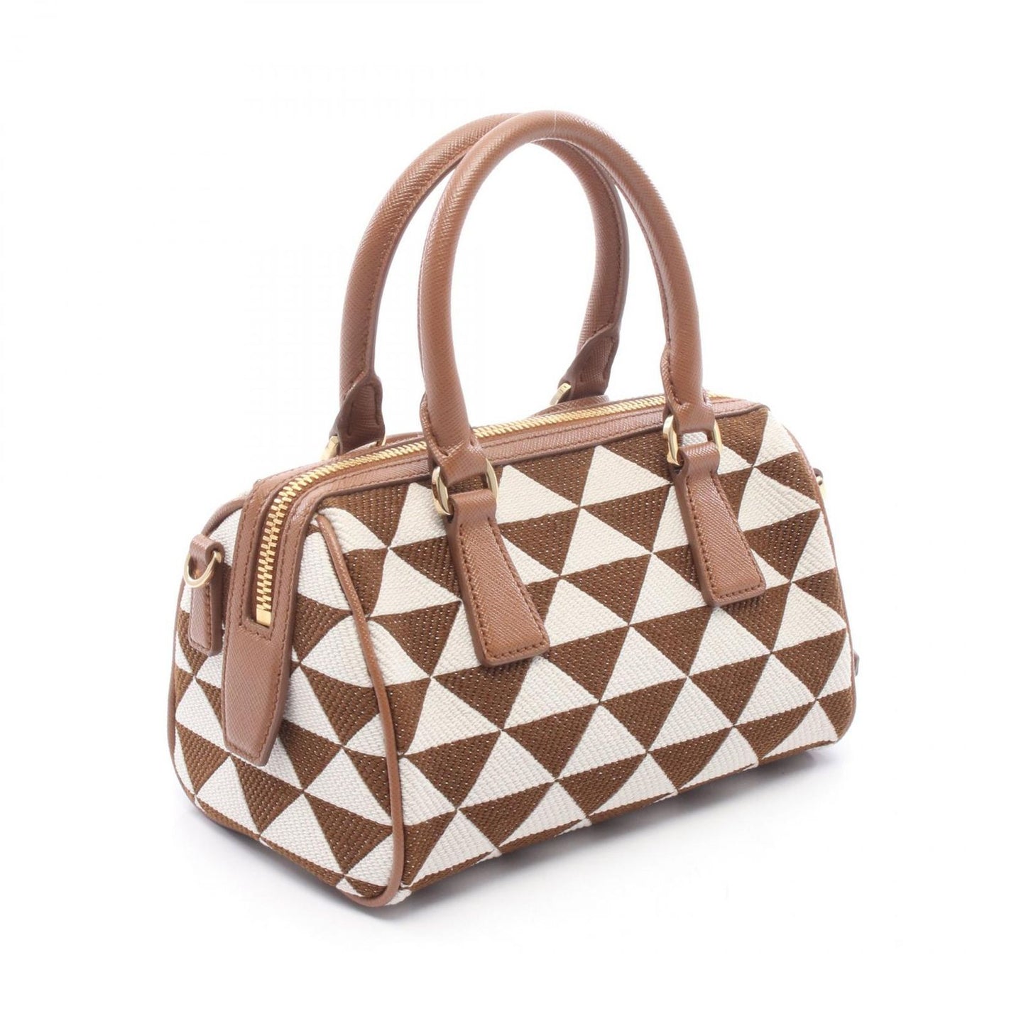 Prada Handbag Triangolo Jacqu 2-Way Brown White Canvas Leather Symbol Embroidery — view 2