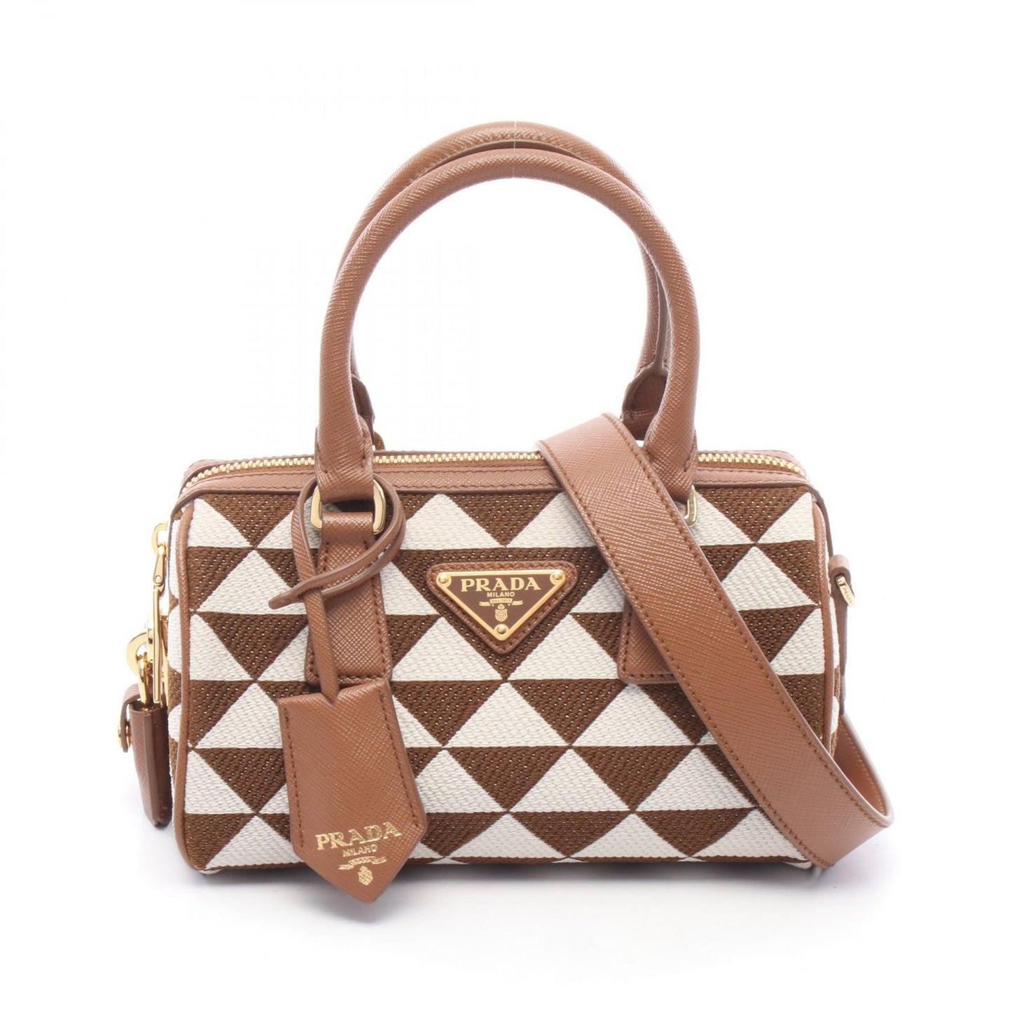 Prada Handbag Triangolo Jacqu 2-Way Brown White Canvas Leather Symbol Embroidery