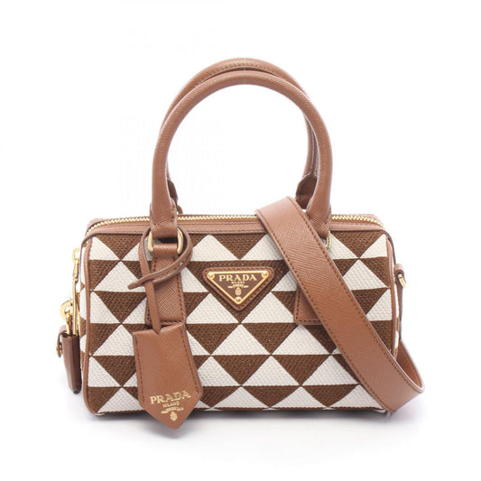 Prada Handbag Triangolo Jacqu 2-Way Brown White Canvas Leather Symbol Embroidery