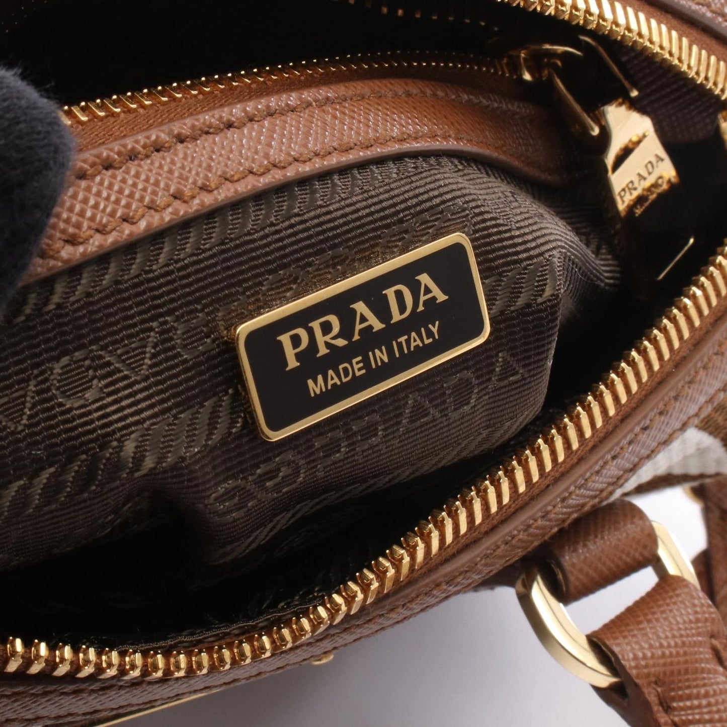 Prada Handbag Triangolo Jacqu 2-Way Brown White Canvas Leather Symbol Embroidery — view 4