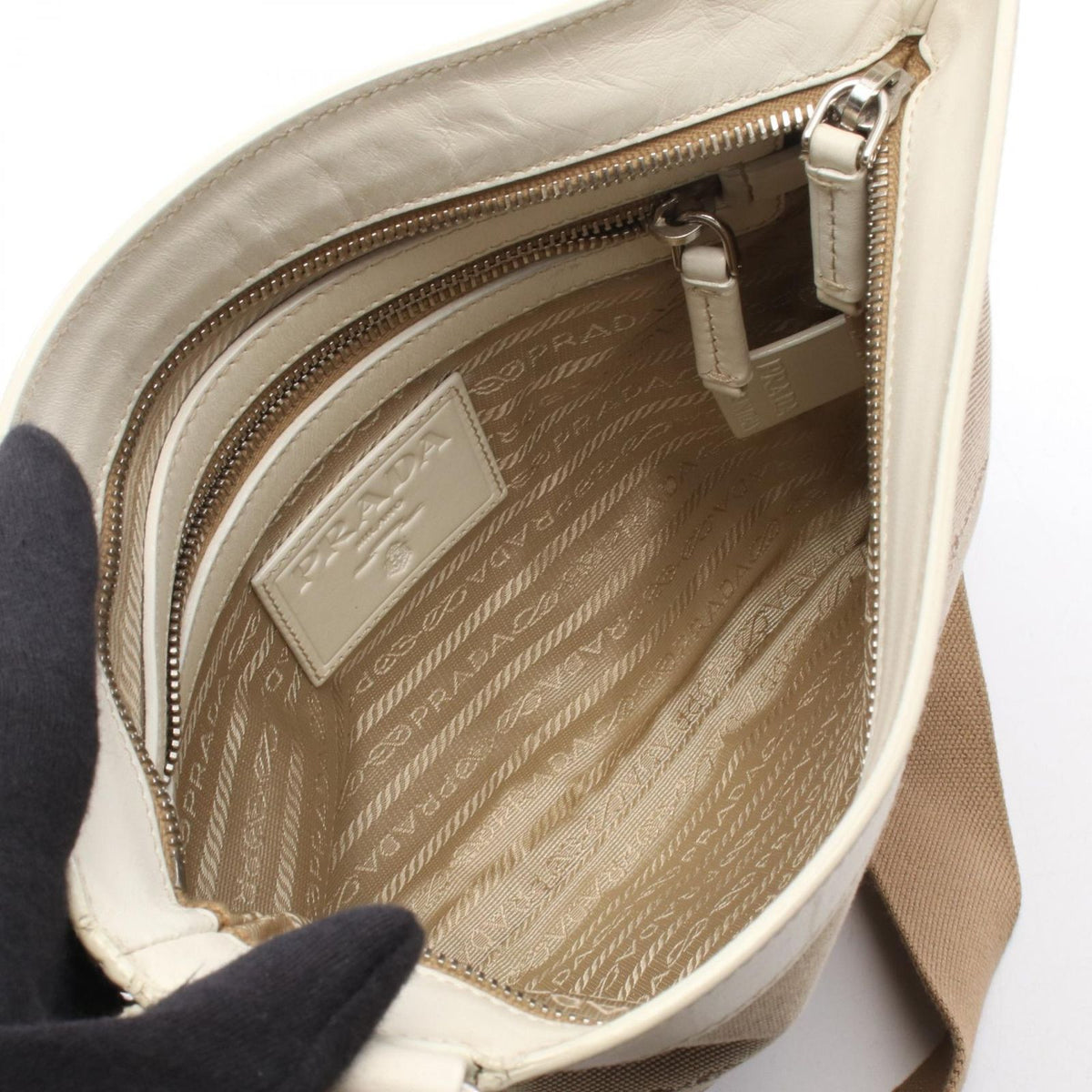 Prada Shoulder Bag Logo Jacquard Beige Ivory Canvas Leather — view 3