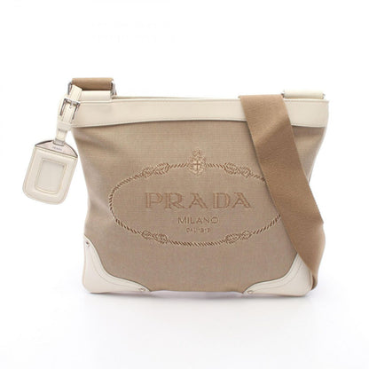 Prada Shoulder Bag Logo Jacquard Beige Ivory Canvas Leather