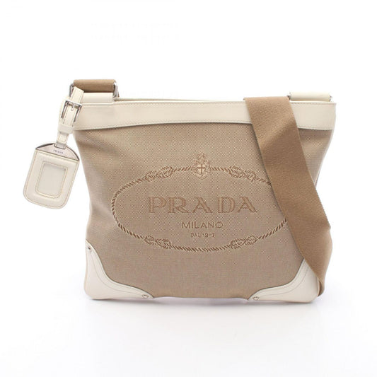 Prada Shoulder Bag Logo Jacquard Beige Ivory Canvas Leather