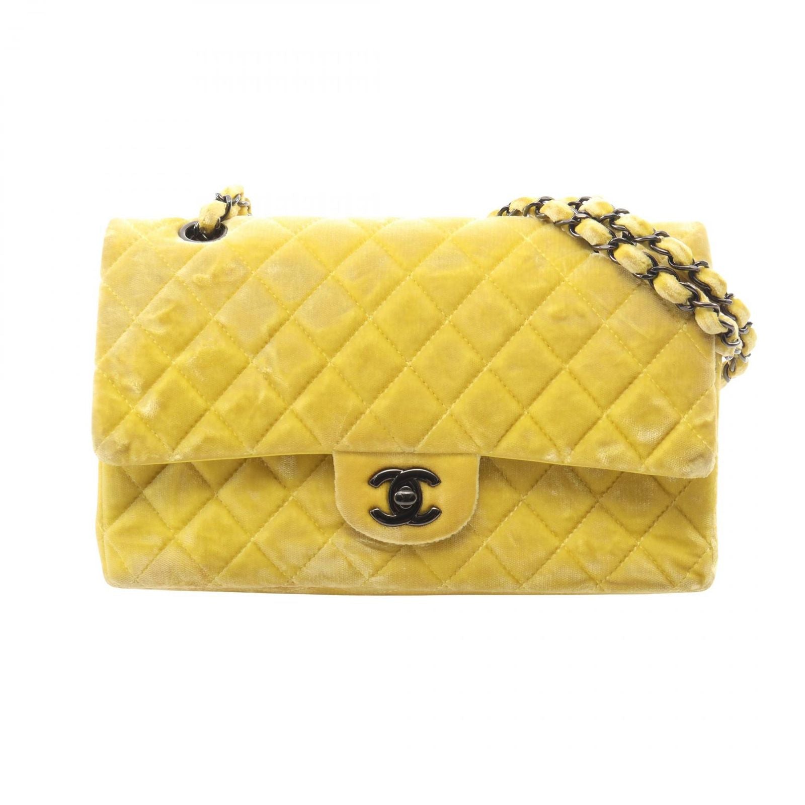 Chanel Shoulder Bag Quilted Double Flap Black Yellow Fabric Chain