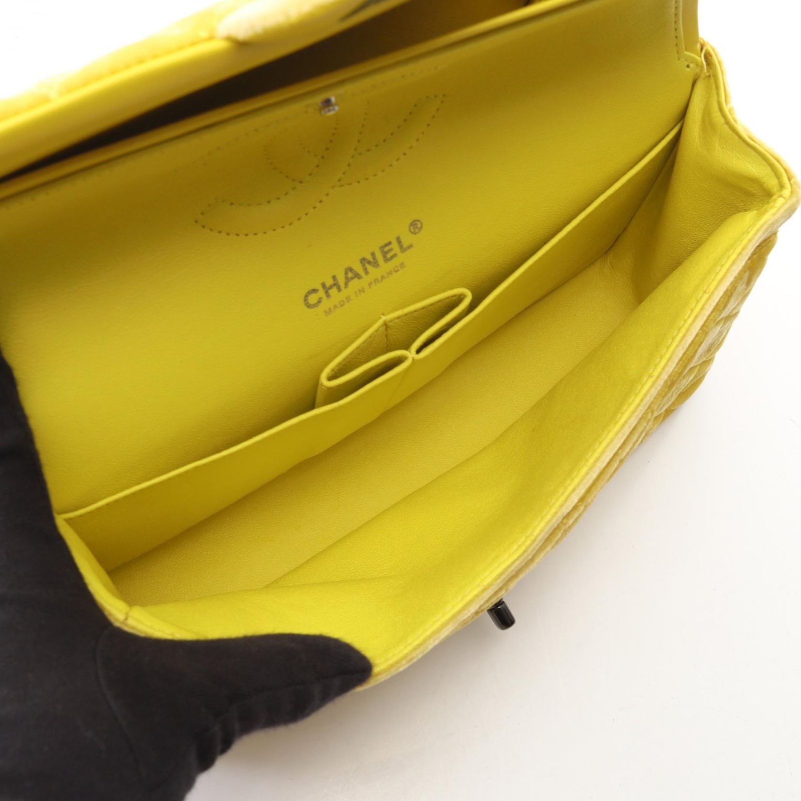 Chanel Shoulder Bag Quilted Double Flap Black Yellow Fabric Chain — view 3