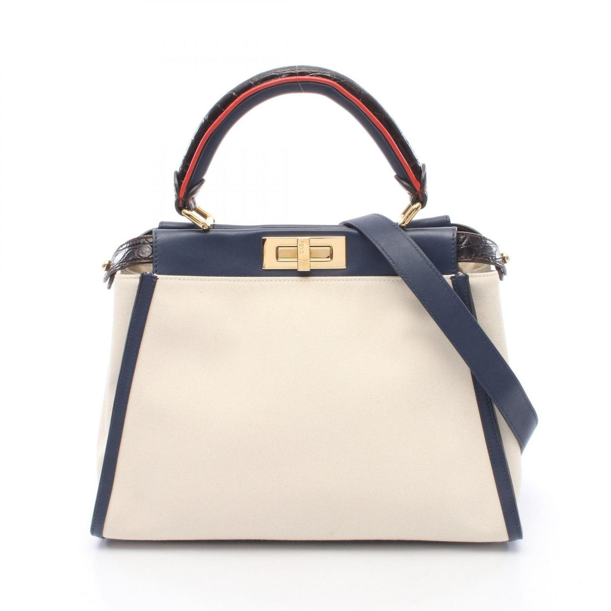 Fendi Handbag Peekaboo Regular 2-Way Natural Navy Canvas Leather