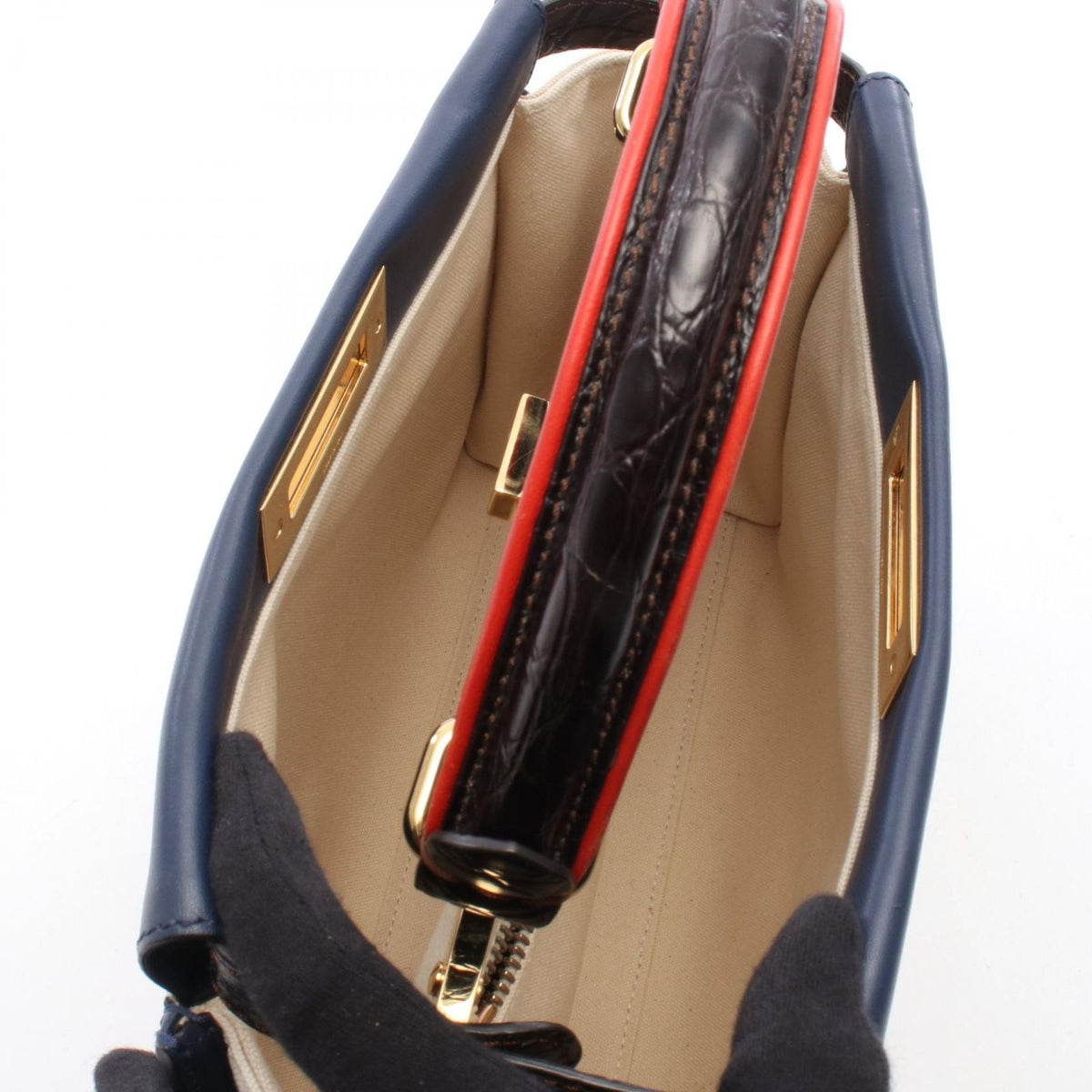 Fendi Handbag Peekaboo Regular 2-Way Natural Navy Canvas Leather — view 3