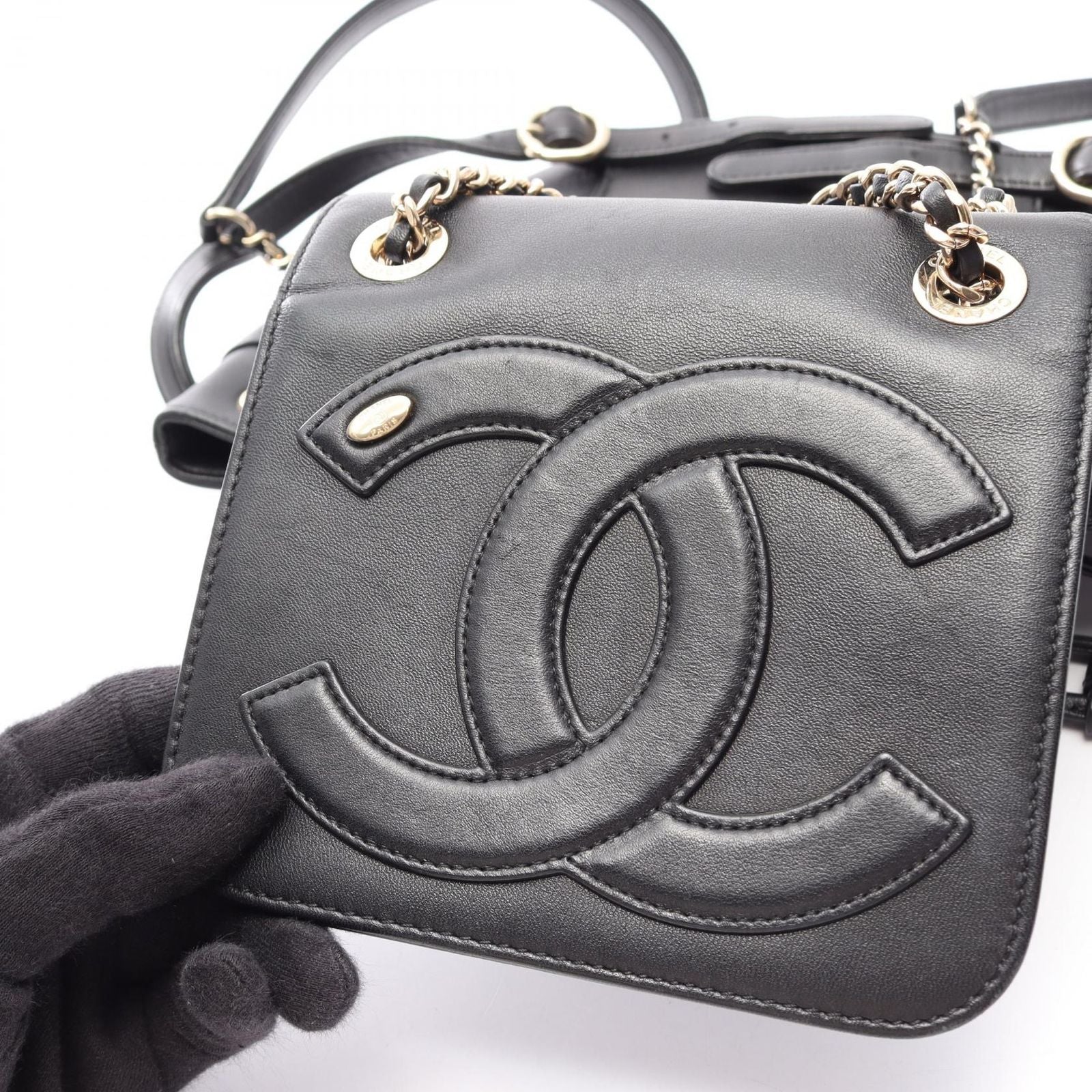 Chanel Backpack CC Logo Chain Black Lambskin CC Small — view 8